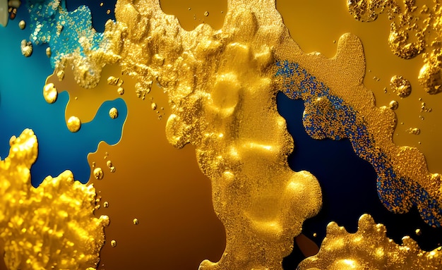 A colorful background with a blue and yellow liquid and the word gold on it.