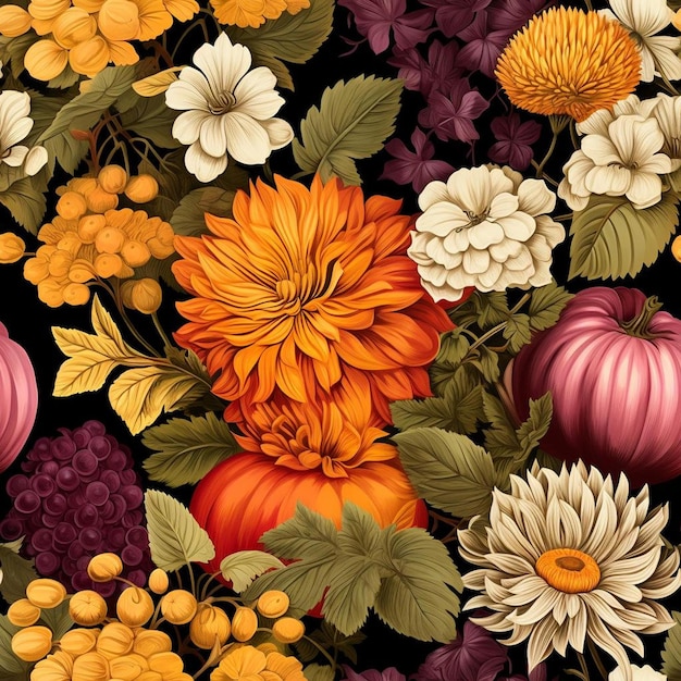 A colorful background with a bunch of flowers and a pumpkin.