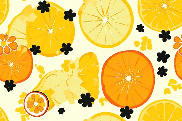 A colorful background with a bunch of fruit and a flower