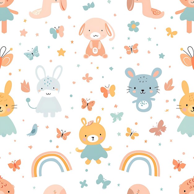 a colorful background with a bunny and rainbows