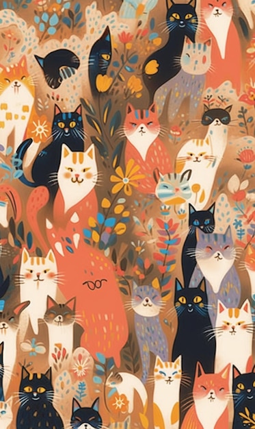 A colorful background with cats and flowers.