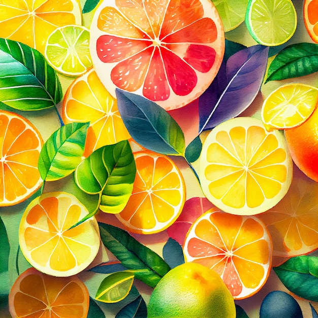 Colorful background with citrus fruit slices and leaves Watercolor illustration