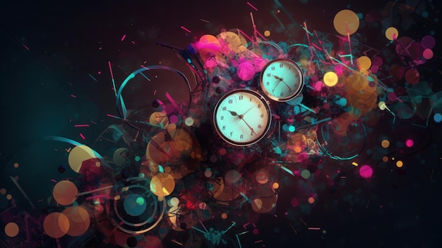 A colorful background with clocks and the time