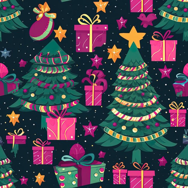 a colorful background with a colorful christmas tree and presents
