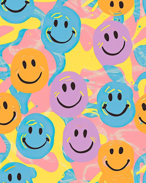 a colorful background with different colored circles and a smiley face