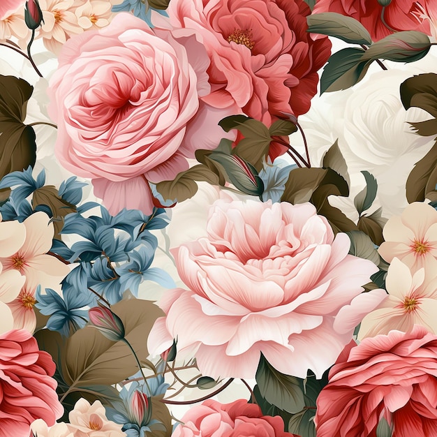 a colorful background with different flowers and leaves.