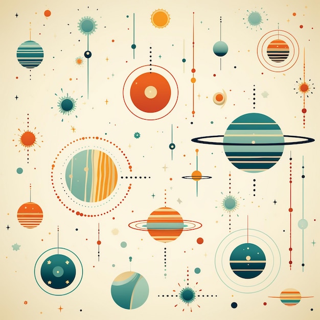 a colorful background with different planets and circles.