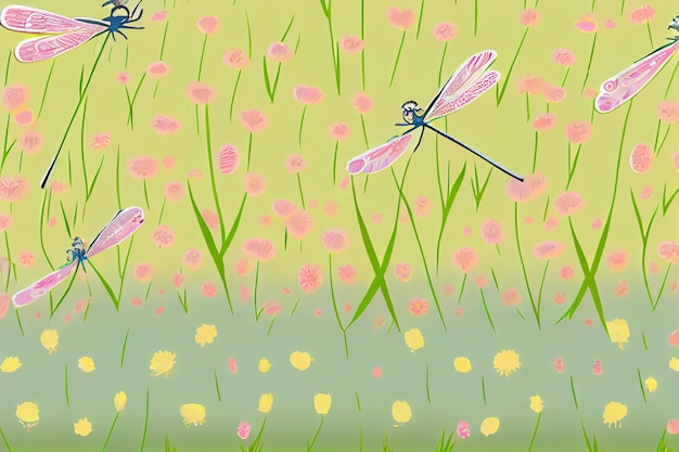 A colorful background with dragonflies flying in a field of flowers.