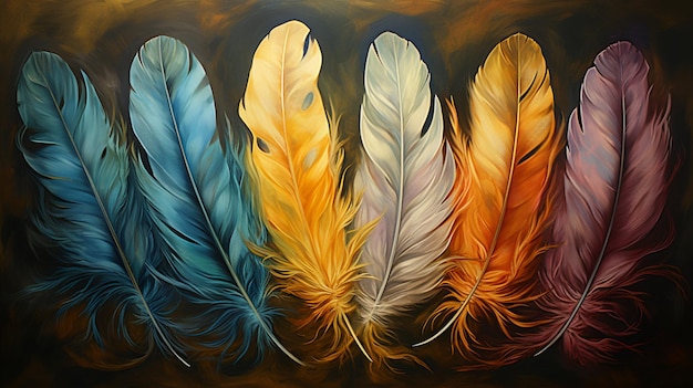 A colorful background with feathers on blue green and gold red teal orange AI Generative Pro image