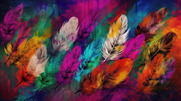 Красочный фон с перьями разных цветов и словом перья на нем.