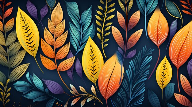 a colorful background with feathers and leaves