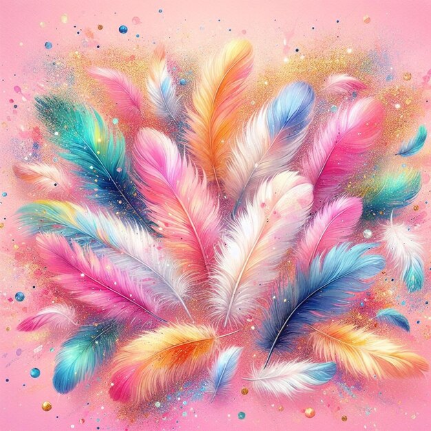 a colorful background with feathers and a pink background with a pink background