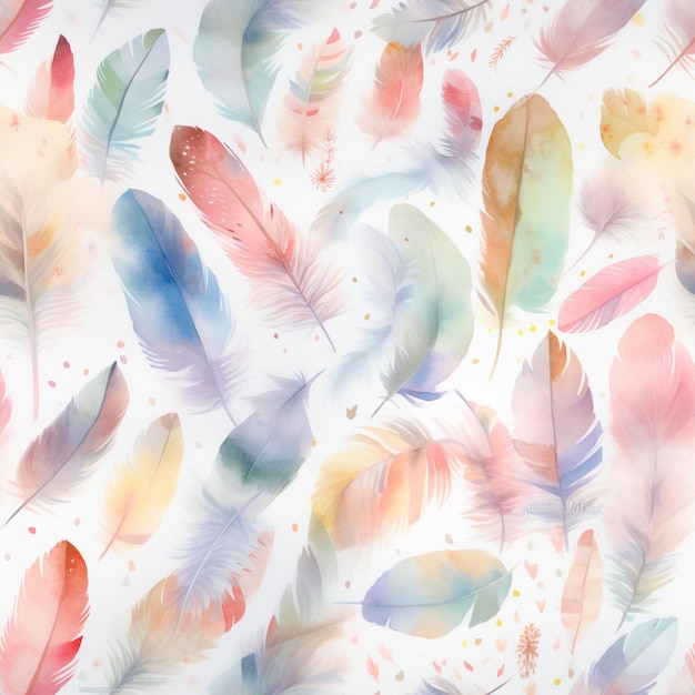 A colorful background with feathers that are painted in pink, blue, and yellow.