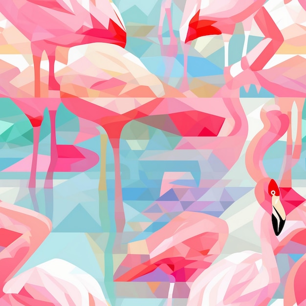 a colorful background with flamingos in pink and blue.