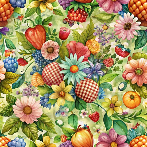 a colorful background with flowers and berries on it