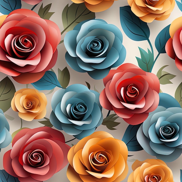 a colorful background with flowers and leaves and a blue flower