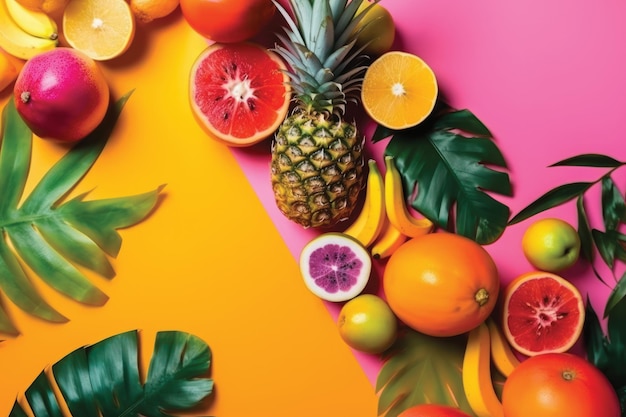 Photo a colorful background with fruits and leaves on it