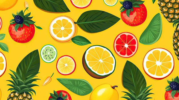 A colorful background with fruits and leaves.