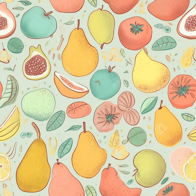 A colorful background with fruits and leaves.