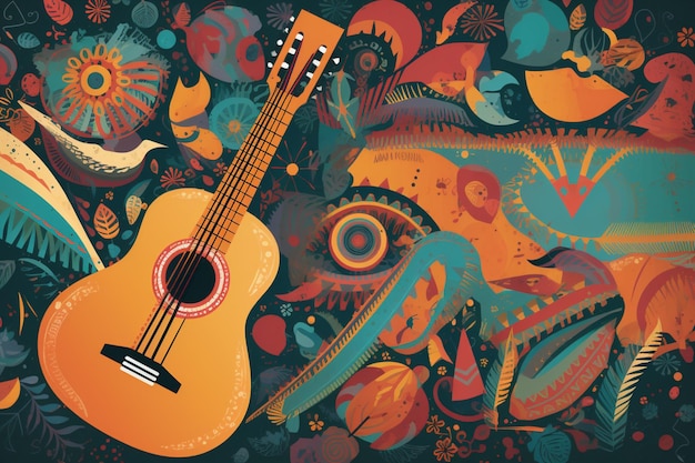 A colorful background with a guitar and a bird on it.