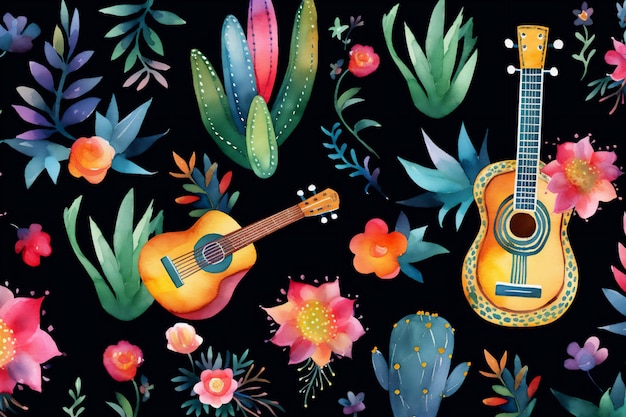 A colorful background with guitars and flowers and a cactus.