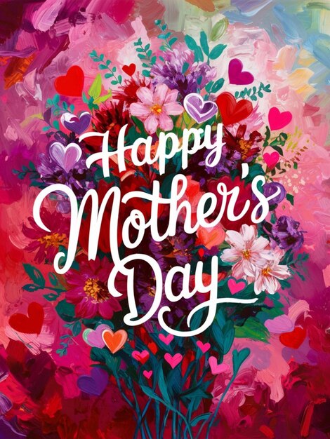 A colorful background with hearts and flowers and a text happy mothers day