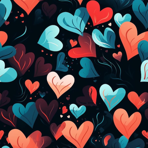 A colorful background with hearts and the words love in blue and pink.