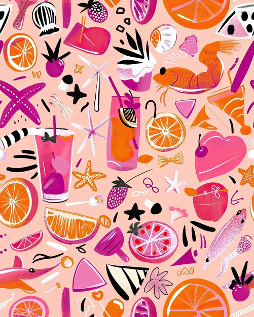 Photo a colorful background with a lot of different items including a pink bottle and orange