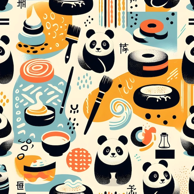 a colorful background with a lot of pandas and a lot of asian characters