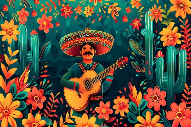 a colorful background with a man playing guitar and flowers