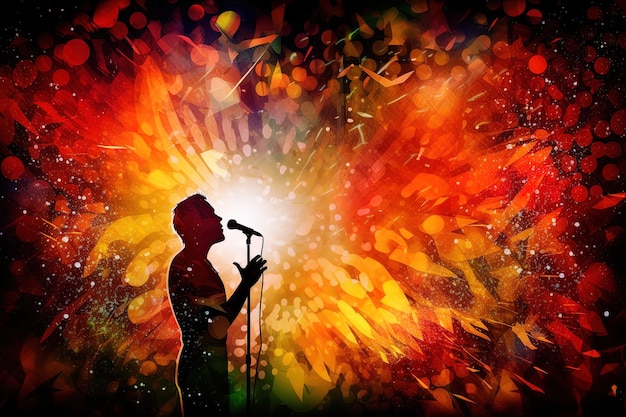 A colorful background with a man singing into a microphone