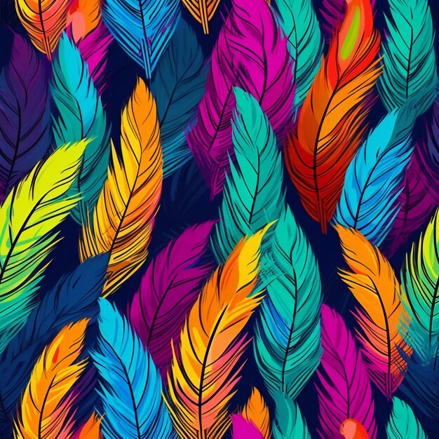 A colorful background with many colorful feathers on it generative ai