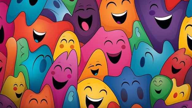 a colorful background with many smiling faces