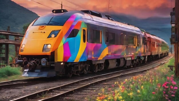 A colorful background with a moving train and a colorful light