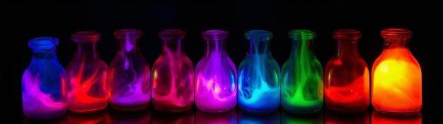 Colorful background with multicolored flasks that are illuminated in the dark with different colors