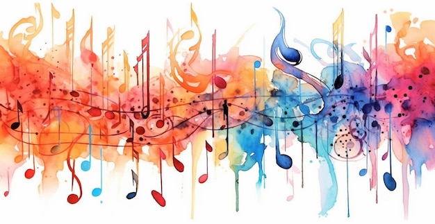 A colorful background with music notes and a white background.