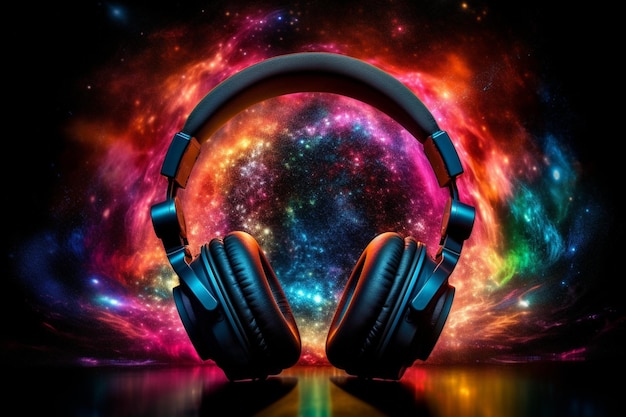 A colorful background with a pair of headphones on it