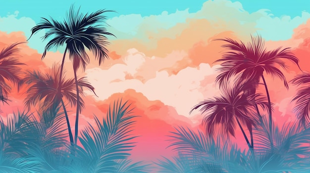 Photo a colorful background with palm trees and the sky with clouds.