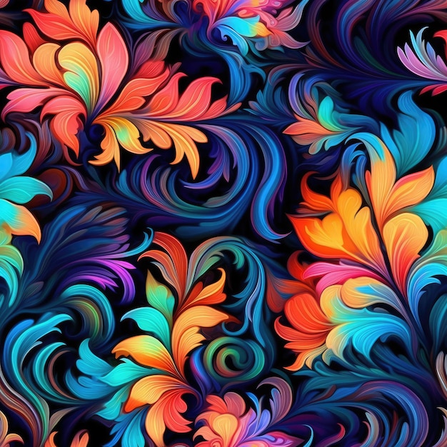 A colorful background with a pattern of flowers and swirls