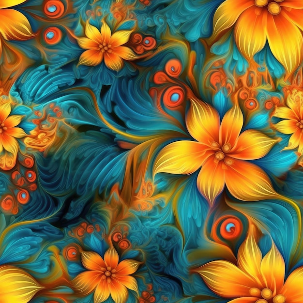 A colorful background with a pattern of flowers and swirls