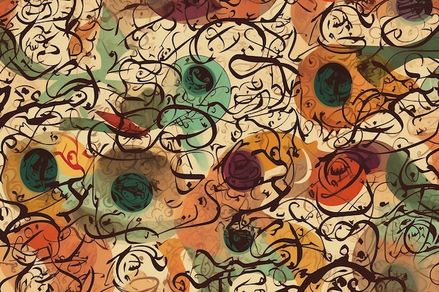 A colorful background with a pattern of swirls and words written in black ink.