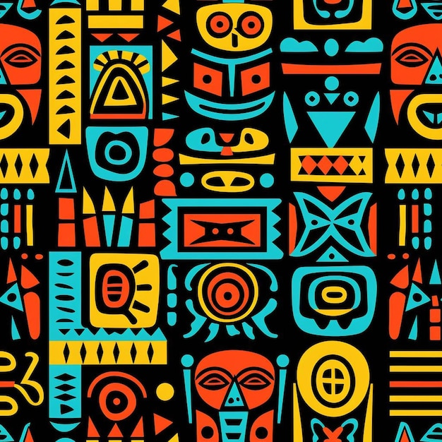 A colorful background with a pattern of tribal symbols.