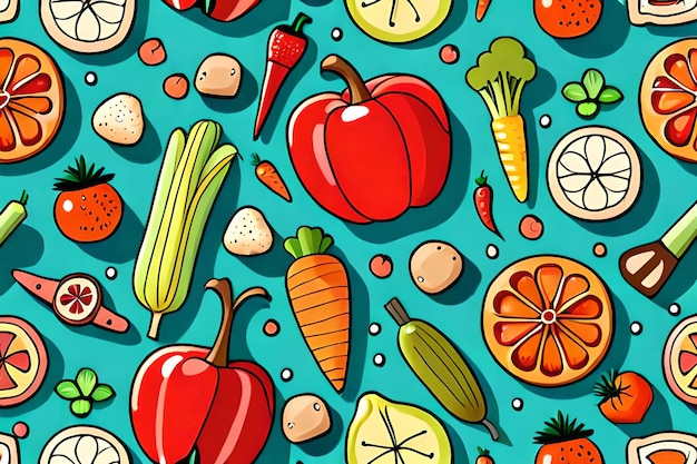 A colorful background with a picture of vegetables and a red bell pepper.