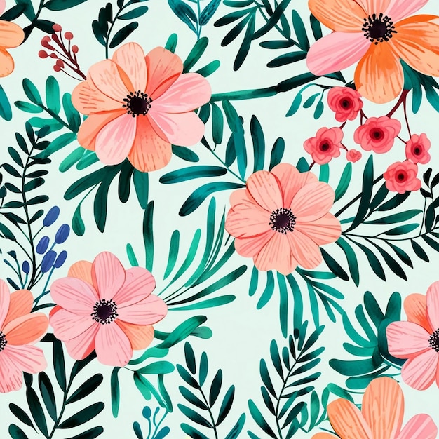 a colorful background with pink and orange flowers and green leaves