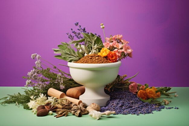 Colorful background with porcelain mortar and herbs