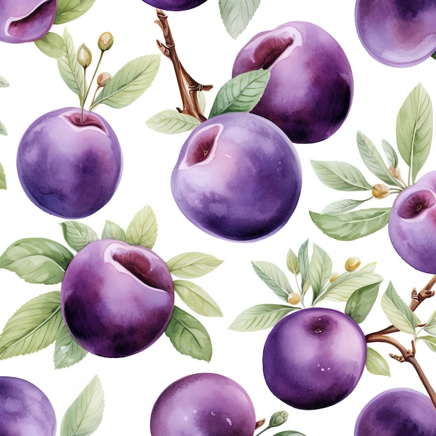 a colorful background with purple plums and leaves