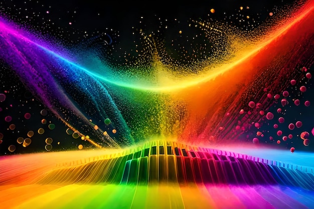 A colorful background with a rainbow colored line and a rainbow of multicolored lights.