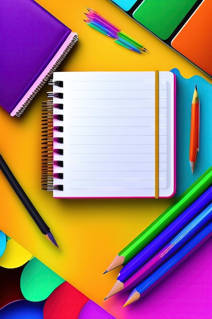 Colorful background with school supplies and open notebook