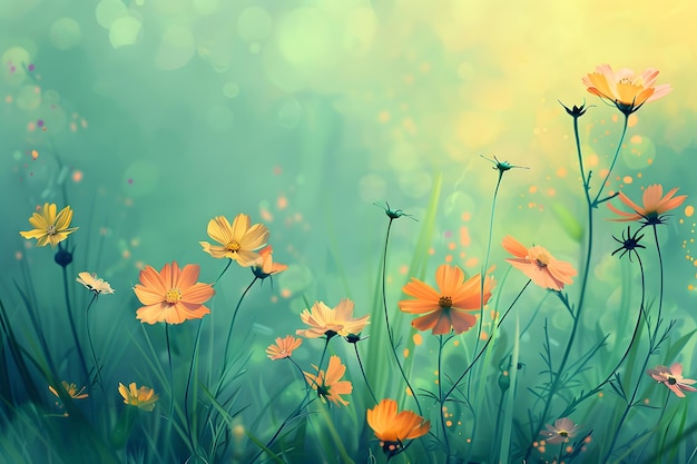 Colorful background with spring flowers and grass