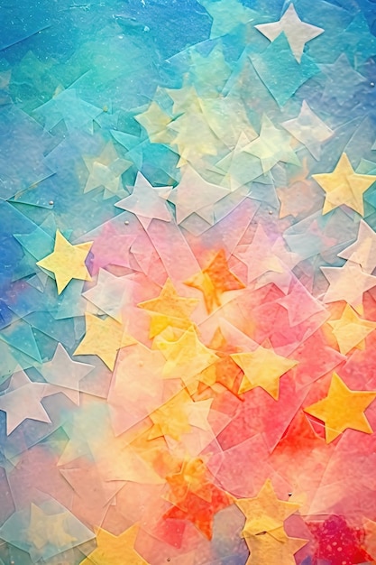 A colorful background with stars and a blue sky.